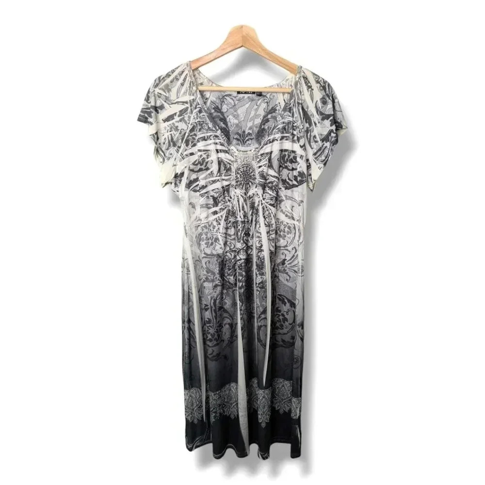 NWT Apt 9 Womens Geometric Dress Scoop Neck Gray White Shark Bite Stretch Knit L